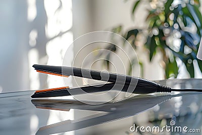 Sleek modern hair straightener with orange accents on a shiny surface Stock Photo