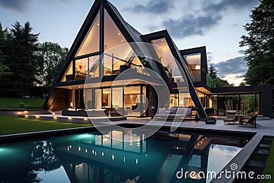 a sleek, modern house with a geometric design and glass walls Stock Photo