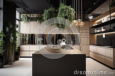 a sleek and modern kitchen with a variety of greenery, including bonsai trees and hanging plants Stock Photo