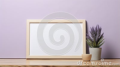 Blank Wooden Frame Mockup On Purple Wall With Holotone Printing Style Stock Photo