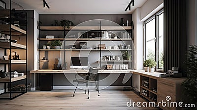 A minimalistic office room with a large desk and plenty of storage space created with Generative AI Stock Photo