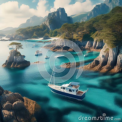 Motor yacht manoeuvres around crystal clear waters Stock Photo