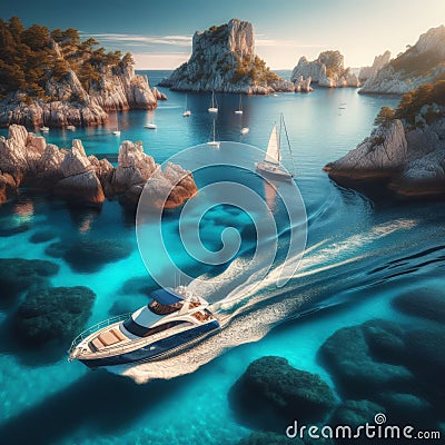 Motor yacht manoeuvres around crystal clear waters Stock Photo