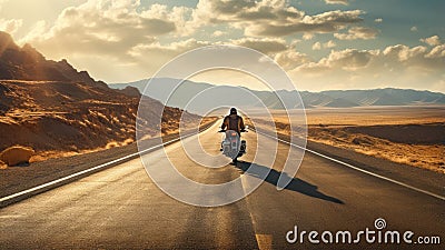 a sleek motorbike cruising down an empty, sunlit highway. The rider leans forward, fully immersed in the thrill of their Stock Photo