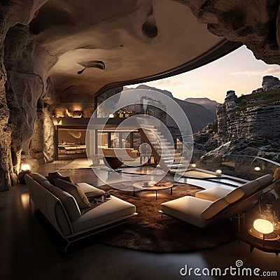 Sleek Mountain-View Cave Residence Stock Photo