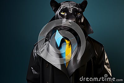 Sleek Panther with Detective's Trench Coat Portrait. Generative AI illustration Stock Photo