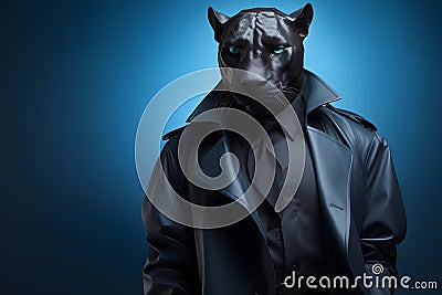 Sleek Panther with Detective's Trench Coat Portrait. Generative AI illustration Stock Photo