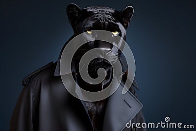 Sleek Panther with Detective's Trench Coat Portrait. Generative AI illustration Stock Photo
