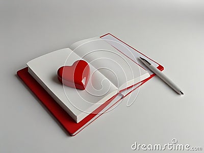 Openning note book white blank page with pen and lovely red ceramic heart shape on white background Stock Photo