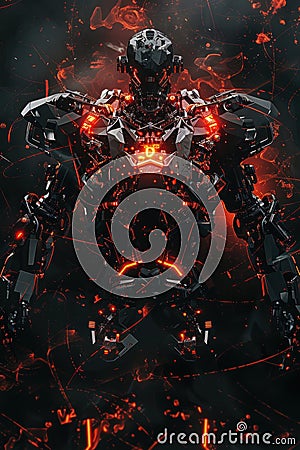 Futuristic Robot in a Dark and Intense Environment. created by generative artificial intelligence Stock Photo