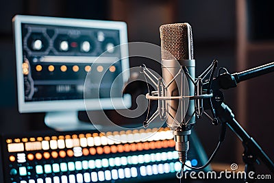 Sleek recording setup with microphone, monitor, and illuminated controls for precision Stock Photo