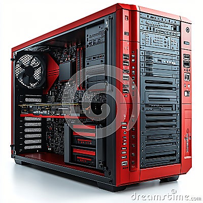 High Performance Red Gaming PC Open Case Computer Hardware Technology Components Motherboard AI generated. Stock Photo