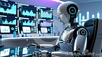 Futuristic Robot Analyzing Data in High-Tech Control Room with Advanced Analytics and Visualiza Stock Photo