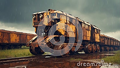 A robot train riding on the rails in the rain. Stock Photo