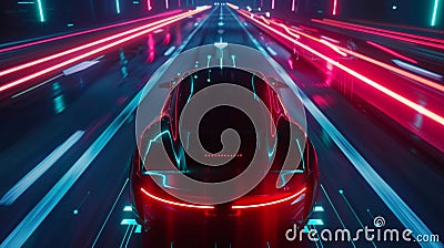 A sleek selfdriving vehicle glides down the highway using 5G technology to send and receive realtime navigation data Stock Photo