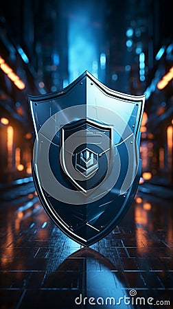 A sleek shield gleams against a futuristic tech backdrop in 3D rendering Stock Photo