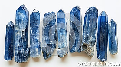 Sleek and slender Kyanite blades exhibiting their sapphire-like blue elegance, arranged gracefully on a white canvas Stock Photo