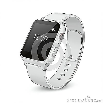A sleek smartwatch with a rectangular digital display showing the time as 12:30. Stock Photo