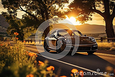 A sleek sports car driving on a winding road through a picturesque countryside. Stock Photo