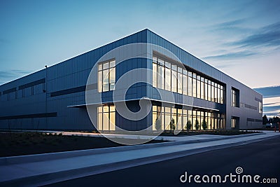 Sleek Steel Exterior of Modern Warehouse Office Building. Generative ai Cartoon Illustration