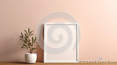 Sleek And Stylized Blank White Frame Mockup With Plants On Wooden Table Stock Photo