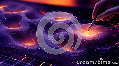 Close-up of 3D data visualization with glowing topographic layers. Interactive graphics, digital sculpting, spatial Stock Photo