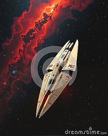 Sleek, triangular spaceship with pointed nose, twin engines, and red accents. Stars and cosmic clouds in the background. Stock Photo