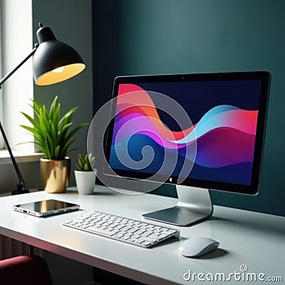 Sleek workspace showcasing responsive device display, gadget, display, clean Stock Photo