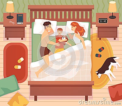 Sleep in bed. Happy family sleeping in bedroom top view, people with dog in dream, parents and child resting in room Vector Illustration