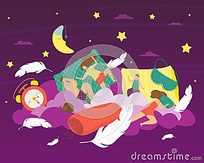 Sleep at bedtime, vector illustration. Person character in bed, flat night dream concept. Man woman character relax Vector Illustration