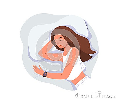 Sleep control concept vector background isolated on white. Young woman sleeping at home on bed with smart watch on her Vector Illustration