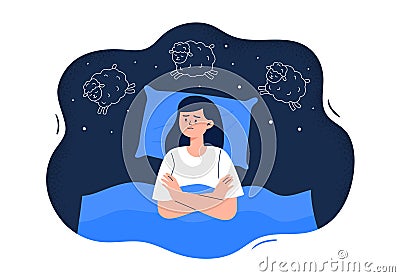 Sleep disorder, insomnia, and stress symptom. Young tired woman lying in bed. Vector Illustration