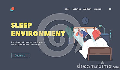 Sleep Environment Landing Page Template. Internet Addiction, Family Problems. Young Couple Lying in Bed with Smartphones Vector Illustration