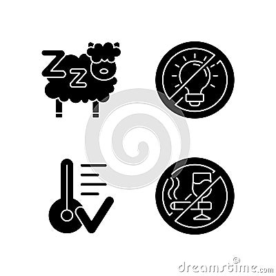 Sleep hygiene black glyph icons set on white space Vector Illustration