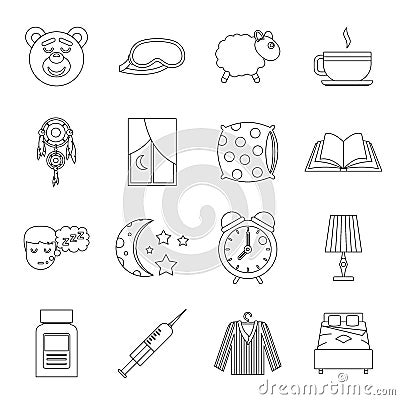 Sleep icons set, outline style Vector Illustration