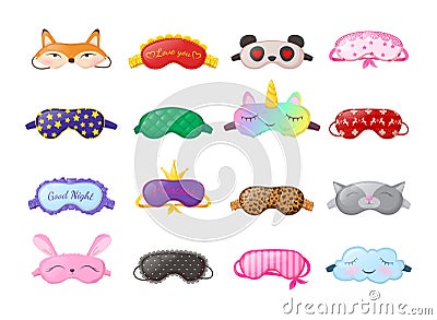 Sleep masks different shapes. Eye protection accessories and prevention of healthy sleep. Vector Illustration