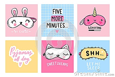 Sleep masks and quotes. Vector cards collection. Blindfold classic and animal shaped - unicorn, cat, rabbit. Vector Illustration