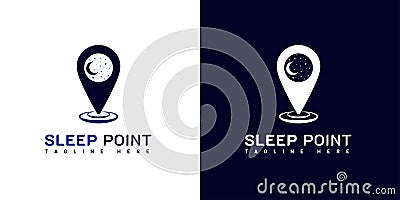 Sleep Point Logo Design. With crescent moon, stars, and pin point icon. Hotel logo. On white, blue, and navy blue colors. Simple, Vector Illustration