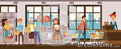 Sleep problems, exhausted man in supermarket hold up queue, vector illustration. Disgruntled customers standing behind Vector Illustration