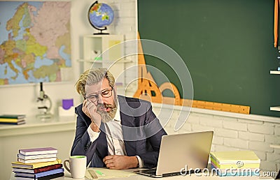 Sleep solves everything. Bearded man sleep in class. Senior teacher take nap. School break. Sleep time or naptime Stock Photo