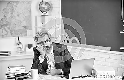 Sleep solves everything. Bearded man sleep in class. Senior teacher take nap. School break. Sleep time or naptime Stock Photo