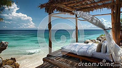 Sleep soundly in a cozy seaside cabana surrounded by the rhythmic melodies of the ocean. 2d flat cartoon Stock Photo