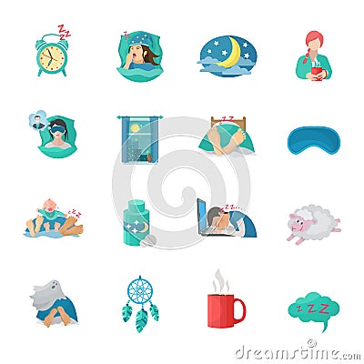 Sleep Time Flat Icons Set Vector Illustration