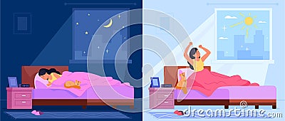 Sleep and wake up in bedroom. Lazy sleeping happy woman and waking early stretching morning at sunrise window, awake Vector Illustration