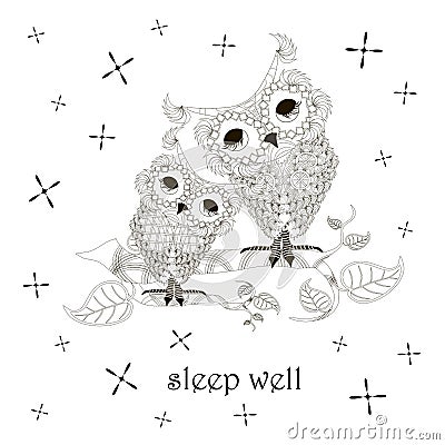 Sleep well owls monochrome banner. Two cute cartoons owl sleep on branch stock vector illustration Vector Illustration