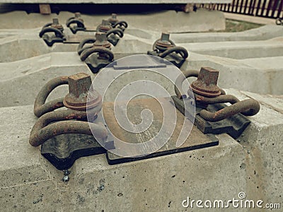 Sleepers production. Concrete casting and assembly. New concrete railway ties stored Stock Photo