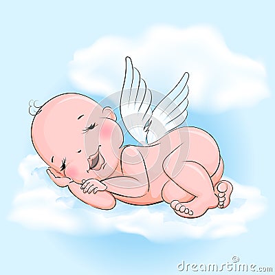 Sleeping angel baby in the cloud Vector Illustration