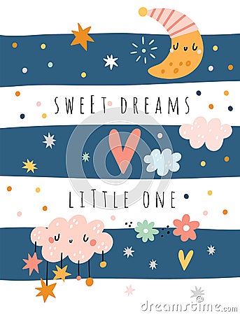 Sleeping baby animal card. Sweet dreams. Sleepy cloud and crescent with funny faces. Night relaxation. Cute kids sky Vector Illustration