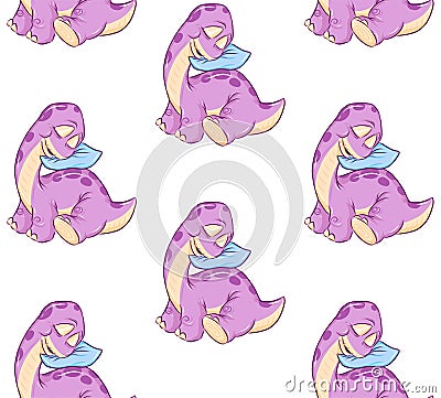 Sleeping baby dino with pillow seamless pattern. Hand drawn illustration of small dinosaur. For poster, banner, logo, icon, Cartoon Illustration