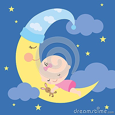 Sleeping Baby on the Moon Vector Illustration